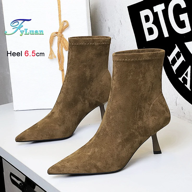 

Замшевые ботинки-носки на шпильке 6,5 см, модные короткие сапоги с острым носком для женщин, обувь для вечеринок, весна-осень, элегантный стиль, женские туфли на высоком каблуке