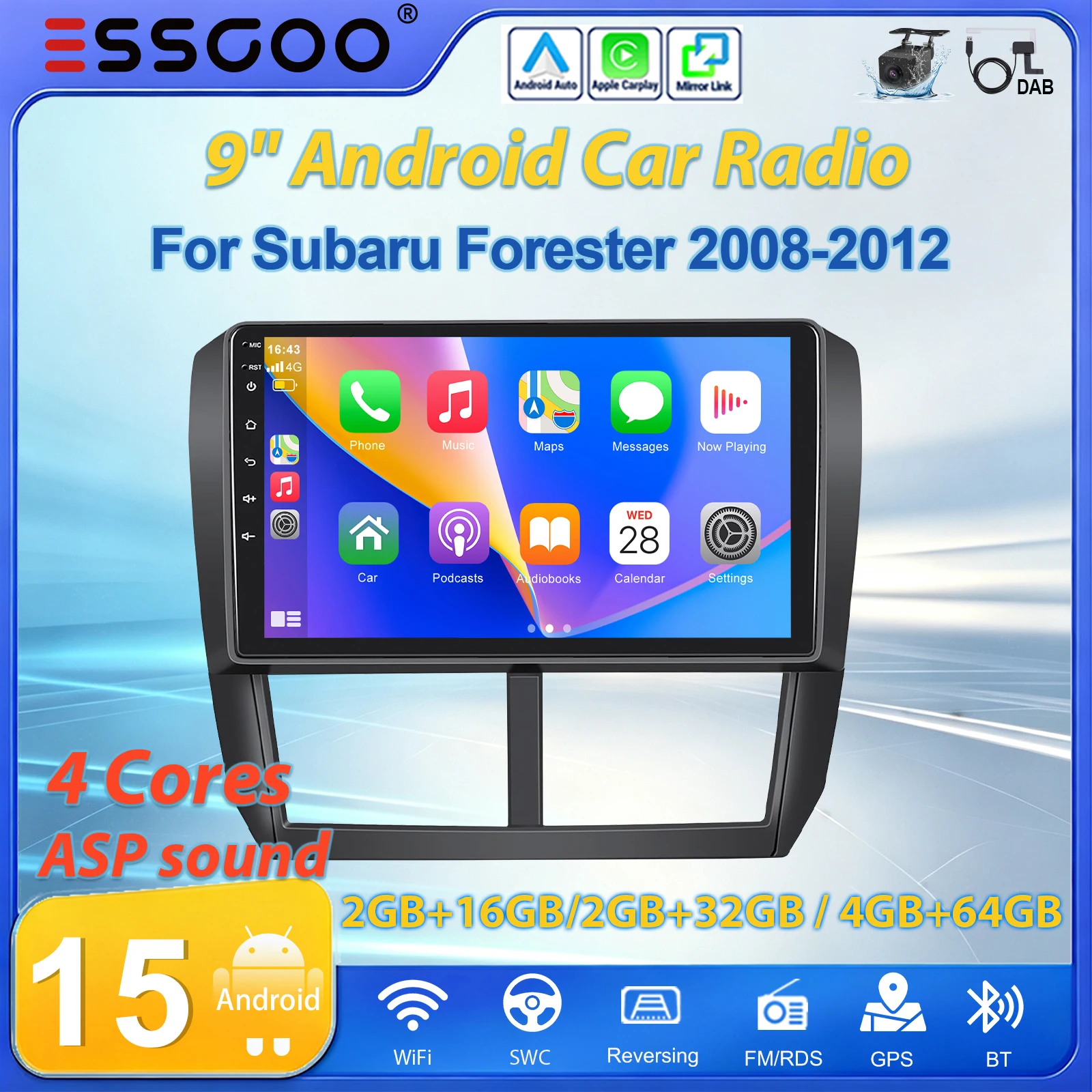 ESSGOO 9" 2 DIN Android 15 Radio Samochodowe 2GB+16GB/2+32GB/4GB+64GB Dla Subaru Impreza/Forester 3 2007-2013 Bezprzewodowy Carplay Android Auto GPS NAVI RDS FM WIFI Bluetooth Mirror Link sterowanie z
