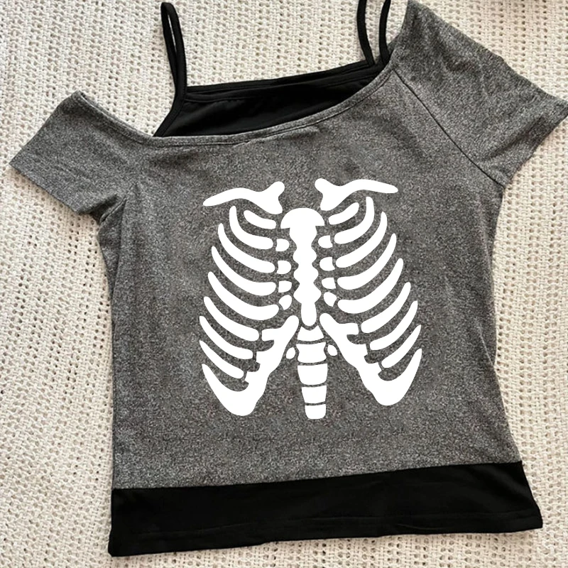 Harajuku الجمالية عادية تي شيرتات قصيرة الاكمام Y2K الإبداعية الجمجمة نمط طباعة المرأة المحاصيل الأعلى موضة مثير سليم س الرقبة الطفل المحملة #1