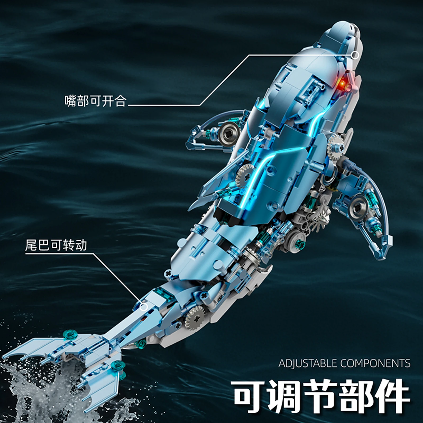 Modello di delfino meccanico Modello di blocchi di costruzione Animale marino creativo Mosasaurus Assemblaggio Ornamento educativo MOC Giocattoli di mattoni