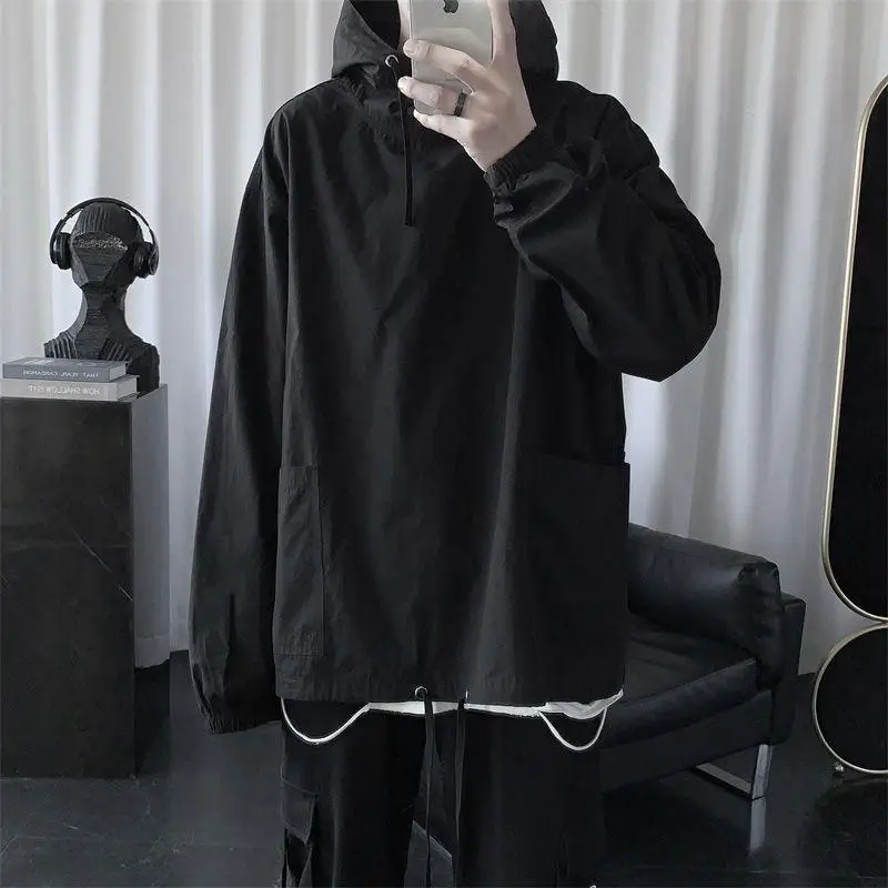 Vintage Simplicity Pockets Patchwork Hoodies Spring Autumn Long Sleeve Solid Loose Trend Tops Tees Korean Fashion Men Clothing