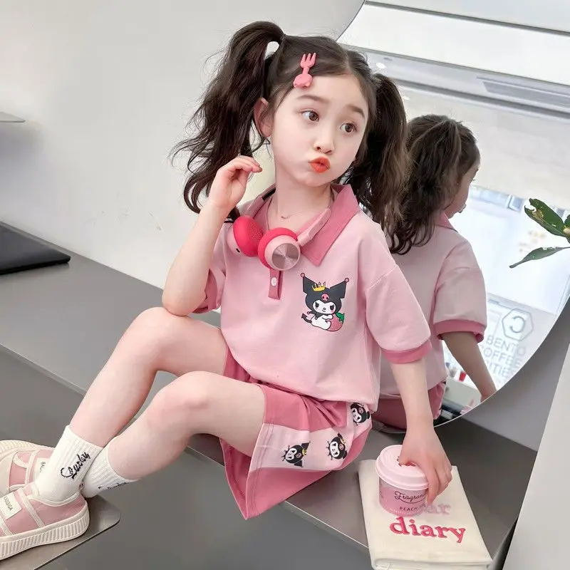 Anime Sanrios Summer Short-Sleeved Sportswear Kawaii Kuromi Children Fashion T-Shirt Shorts Two-Piece Set Casual Summer Clothes