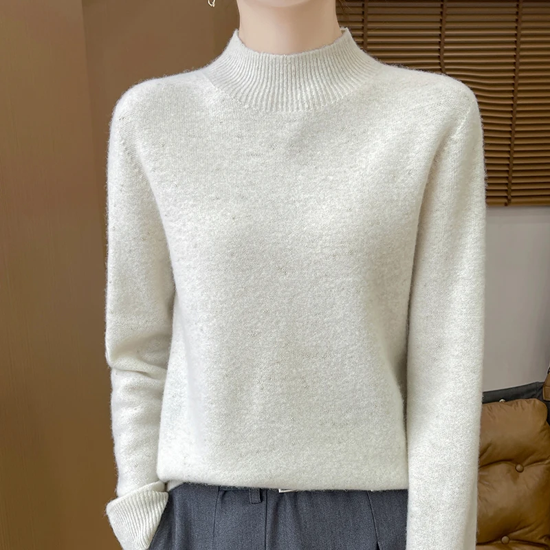 100% Merino wool autumn/winter new women's sweater half turtleneck jumper Fashion line gold bean warm base knit shirt