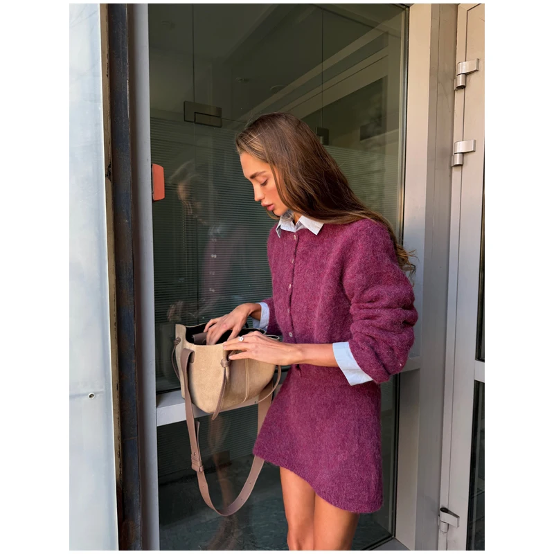 Solid Color Zipper Waist Cinching Casual Set Knitted Top Drawstring Straight Leg Pants 2-piece Sets 2026 Autumn Lady Daily Wear