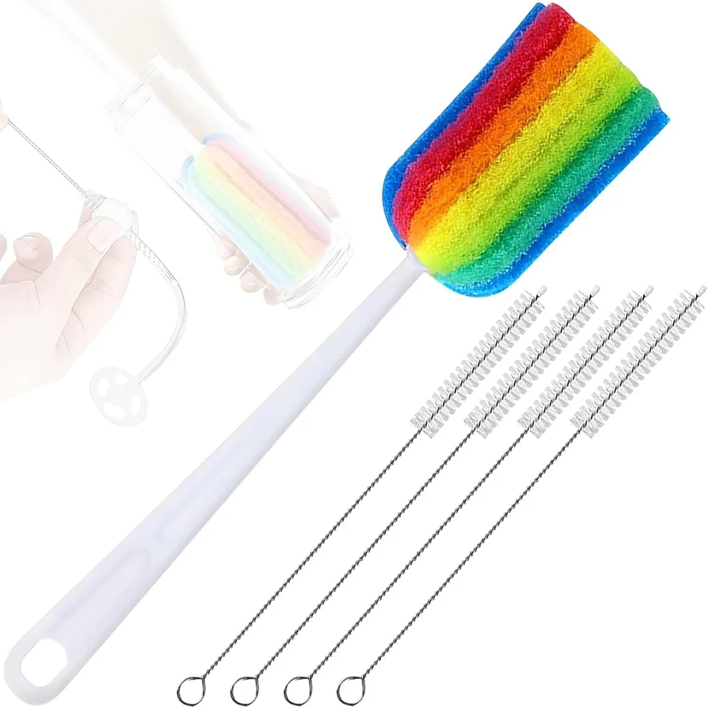 Bottle Brush + Straw Brush, 5-Piece Set, Long-Handled Sponge Cleaning Brush, Suitable for Cleaning Cups and Straws in the Kitchen (1 Bottle Brush + 4 Straw Brushes)