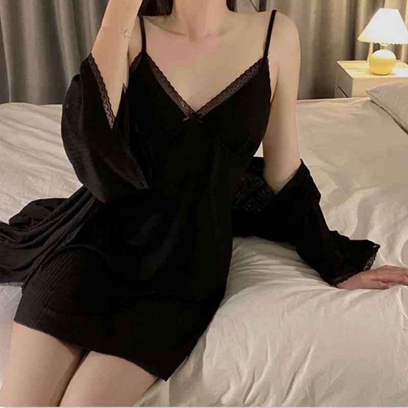 Modal Spaghetti Strap Chemise Nightdress 2PCS Loose Casual Home Clothes Fashion Nighty&robe Set Women\'s Sexy Bathrobe Nightwear