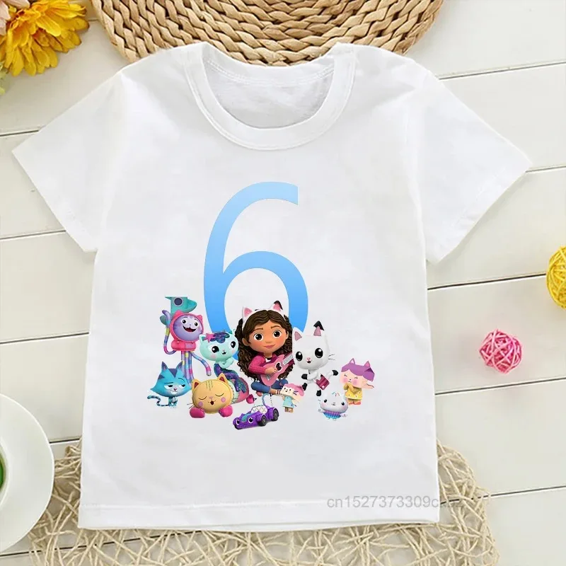 Gabbys Doll House Cartoon Print Girls T-Shirts Birthday Party Clothing Fashion Kid'S Tshirts 2-12 Years Old Birthday Number