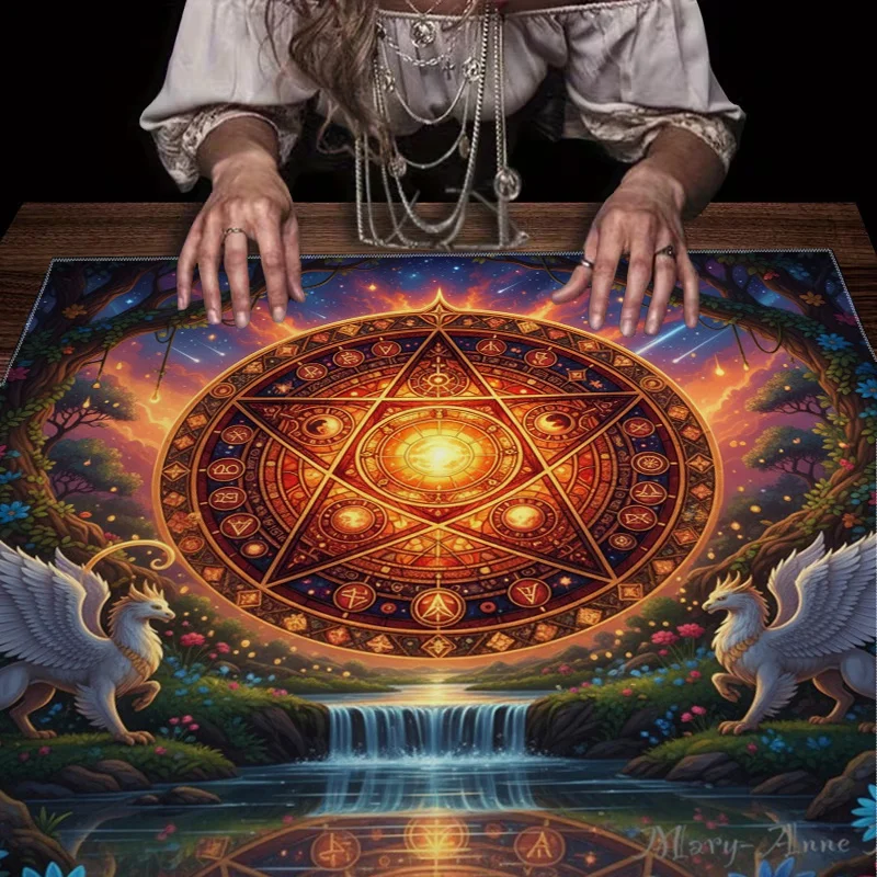 

Магическая скатерть VIKAMA с мифологической пентаграммой и магическим кругом для Таро, ритуальная скатерть в стиле лесной фантазии, для колдовства, астрологии и Таро