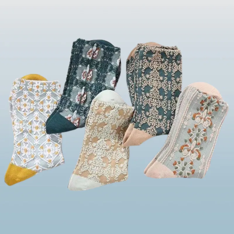 Calcetines de tubo alto para mujer, medias con relieve tridimensional, florales, literarias, estilo Palacio, Retro, 5/10 pares