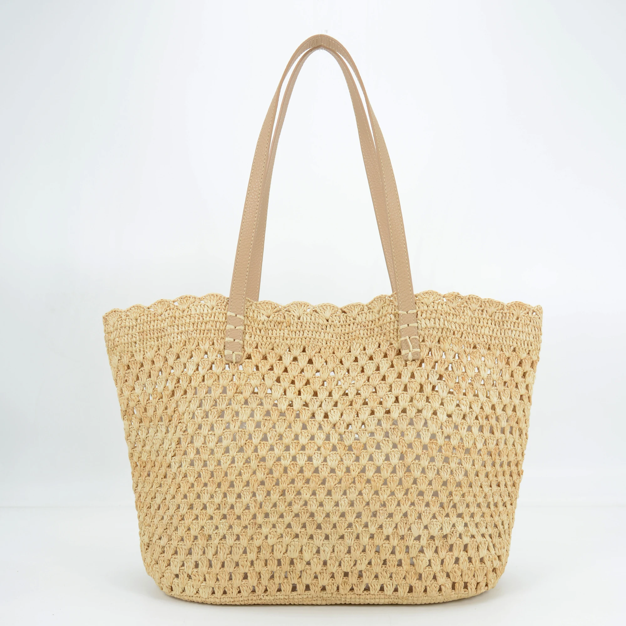 

Handmade Crocheted Natural Raffia Shoulder Bag With Leather Handles