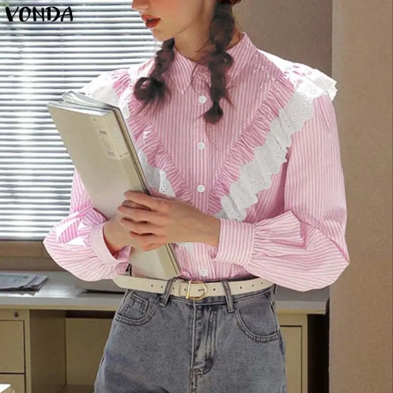 

VONDA Women Long Sleeve Striped Shirts 2026 Fashion Lapel Lace Patchwork Blouse Ruffled Tops Tunic Spring Work Blusas Femininas