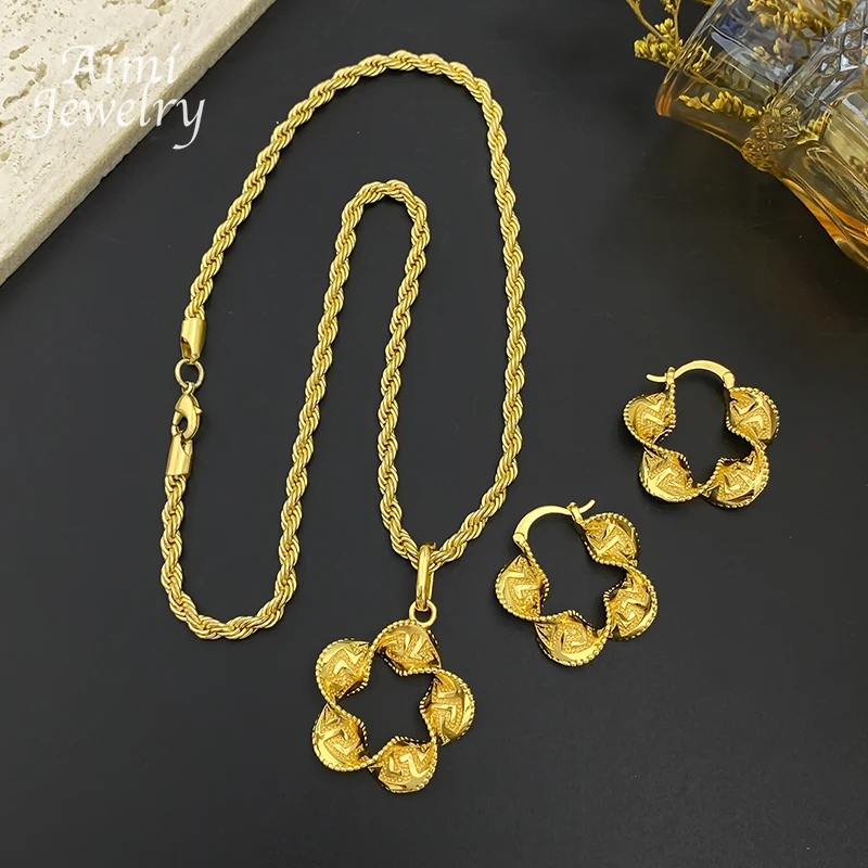 Geometrischer Gedrehter Anhänger mit Kette 18K Vergoldetes Kupfer Schmuckset Ohrringe Halskette Brasilianische Braut Hochzeit Party Geschenke – Detail 5