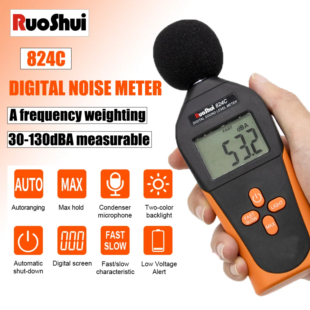 

RuoShui 824C Portable Decibel Meter 30-130dBA Precision Tester Auto-Ranging Digital Sound Level Analyzer A Frequency Weighting