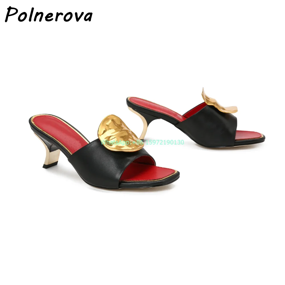 

Metal Square Round Slippers Mixed Color Black Red Peep Toe Strange Style Heels Slip On Shoes Summer New Outdoor Runway Shoes