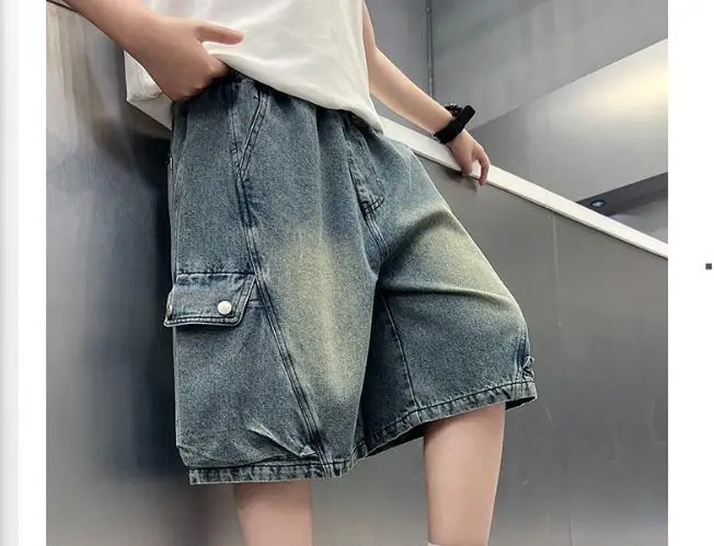 Kids Designer Fashion Denim Shorts for Tween Boys Unique Loose Straight Knee-Length Street Style Jeans Bottoms