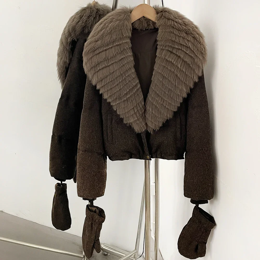 OFTBUY Kleidung mit echtem Pelzbesatz, neuer Daunenmantel mit abnehmbaren Handschuhen, kurze Damen-Woll-Daunenjacke mit echtem Fuchspelzkragen – Detail 13