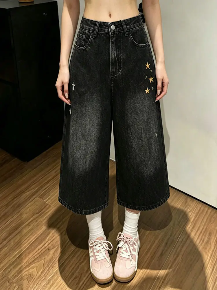 American Retro Star Embroidery Wide Leg Jeans Women plus Size Loose Slim Straight Mid-Calf Pants Casual High Waist Denim