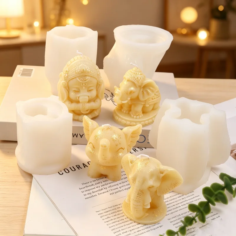 4 Estilos de Moldes de Silicona para Velas de Ganesha y Elefante de la Suerte, Herramientas de Resina y Yeso para Decoración del Hogar con Diseños de Divinidad Auspiciosa Egipcia y Elefante Mamut