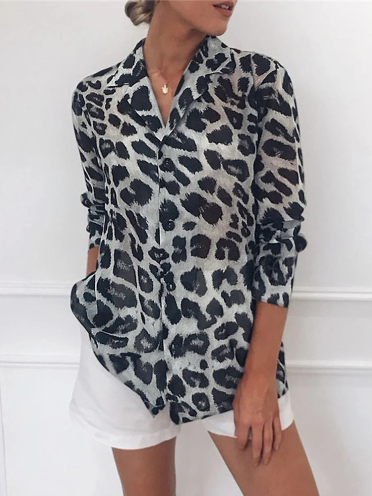 Blusa de gasa de manga larga con estampado de leopardo para mujer, blusa Sexy con cuello vuelto, camisa de oficina para mujer, Túnica informal