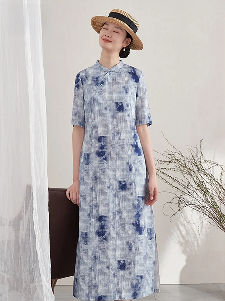 

Artistic Linen Silk Thin New Chinese Sle Dr for Women Summer Office Wear Low Slit ort Sve Long Dr