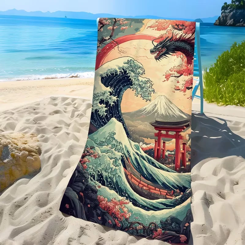 Scenery Cherry Blossom Pagoda Beach Towel Quick Dry Soft Absorbent Towel Mount Fuji Print for Summer Beach Swimming