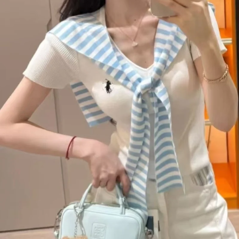 Women's Embroidered Striped Shawl Ice Silk Knitted V-Neck Top Layered Summer Outerwear