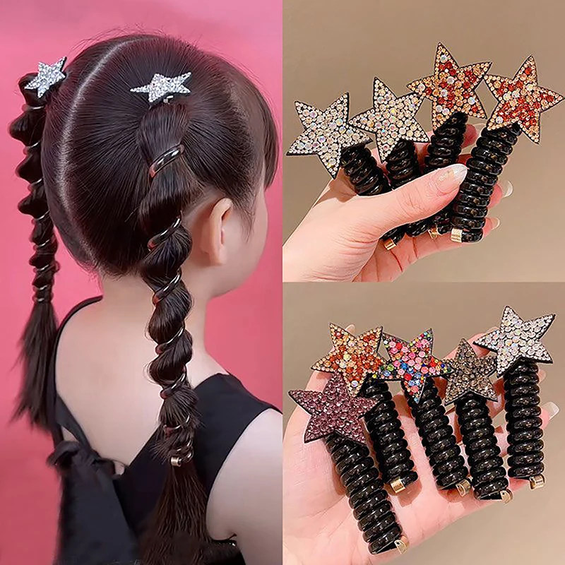 New Children Girls Rhinestone Pentagram Star Ponytail Elastic Hair Bands Rubber