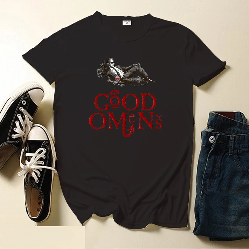 Men T Shirt Good Omens Crowley and Aziraphale Awesome Artwork Printed Tshirt for Male Graphic Woman Tops Tees O-Neck Camiseta