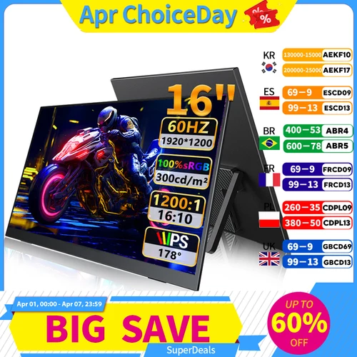 Imagen 2 del producto Monitor táctil portátil FHD de 16 "", pantalla externa IPS 1200P, mini-HDMI USB C para ordenador portátil, Mac, PC, Xbox, PS Switch con orificio VESA