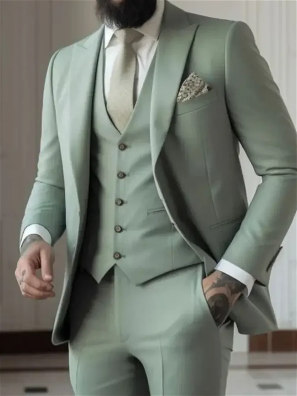 3 Piece Sage Green Men\'s Slim Fit Suits (Jacket+Vest+Pant) Wedding Groom Tuxedos Prom Formal Male Party Blazers Traje Hombre