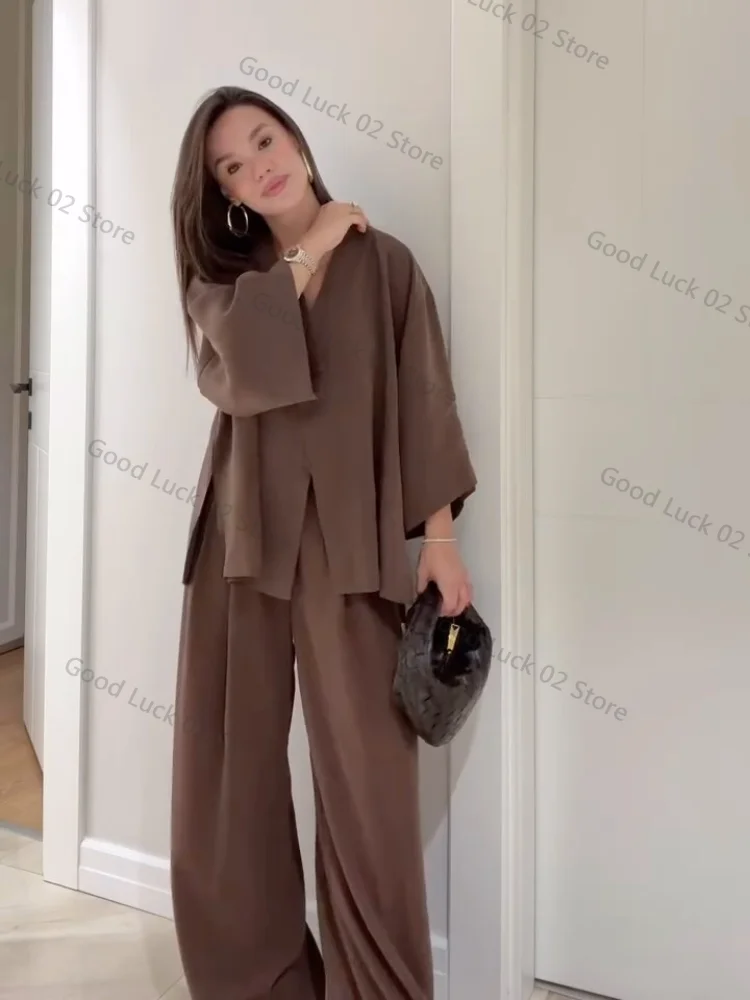 

Однотонный комплект с широкими брюками для женщин, лето 2025 г., повседневный хлопково-льняной однобортный костюм-рубашка с длинными рукавами, женский уличный наряд для отдыха