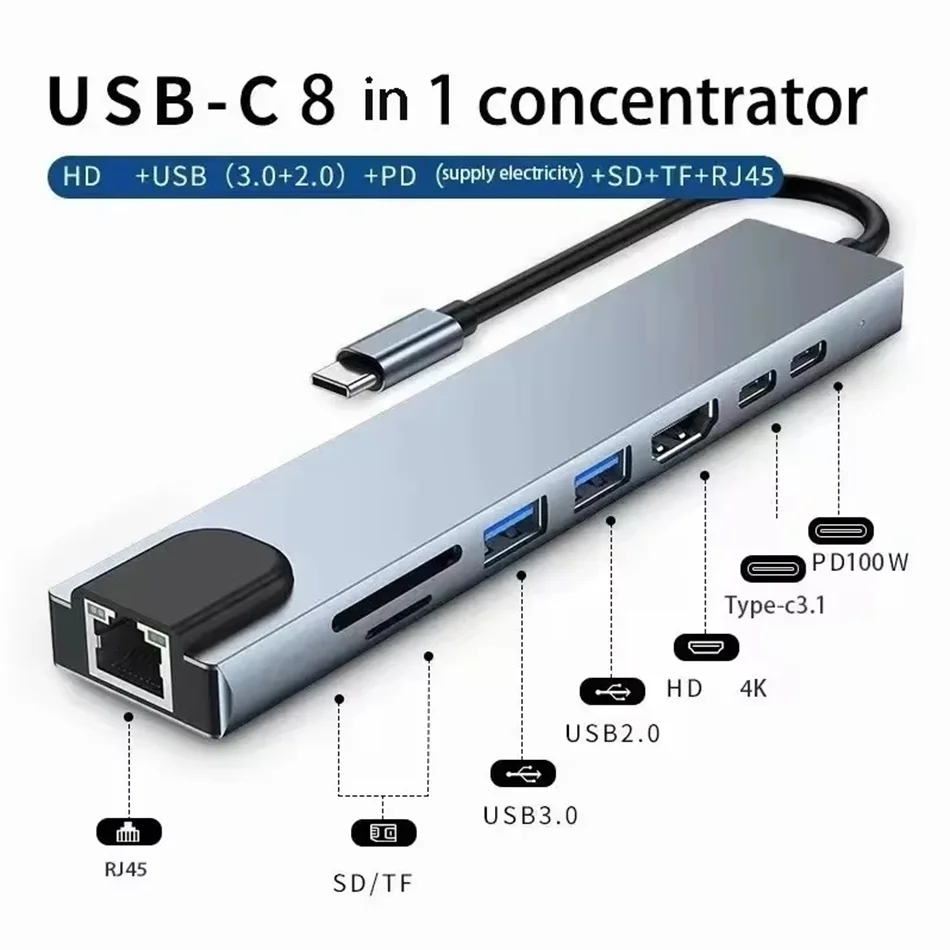 8 in 1 USB C HUB 3.0 Type C Splitter 4K Docking Station Laptop Adapter PD SD TF For Macbook Air M1 iPad Pro RJ45 HDMI-Compatible