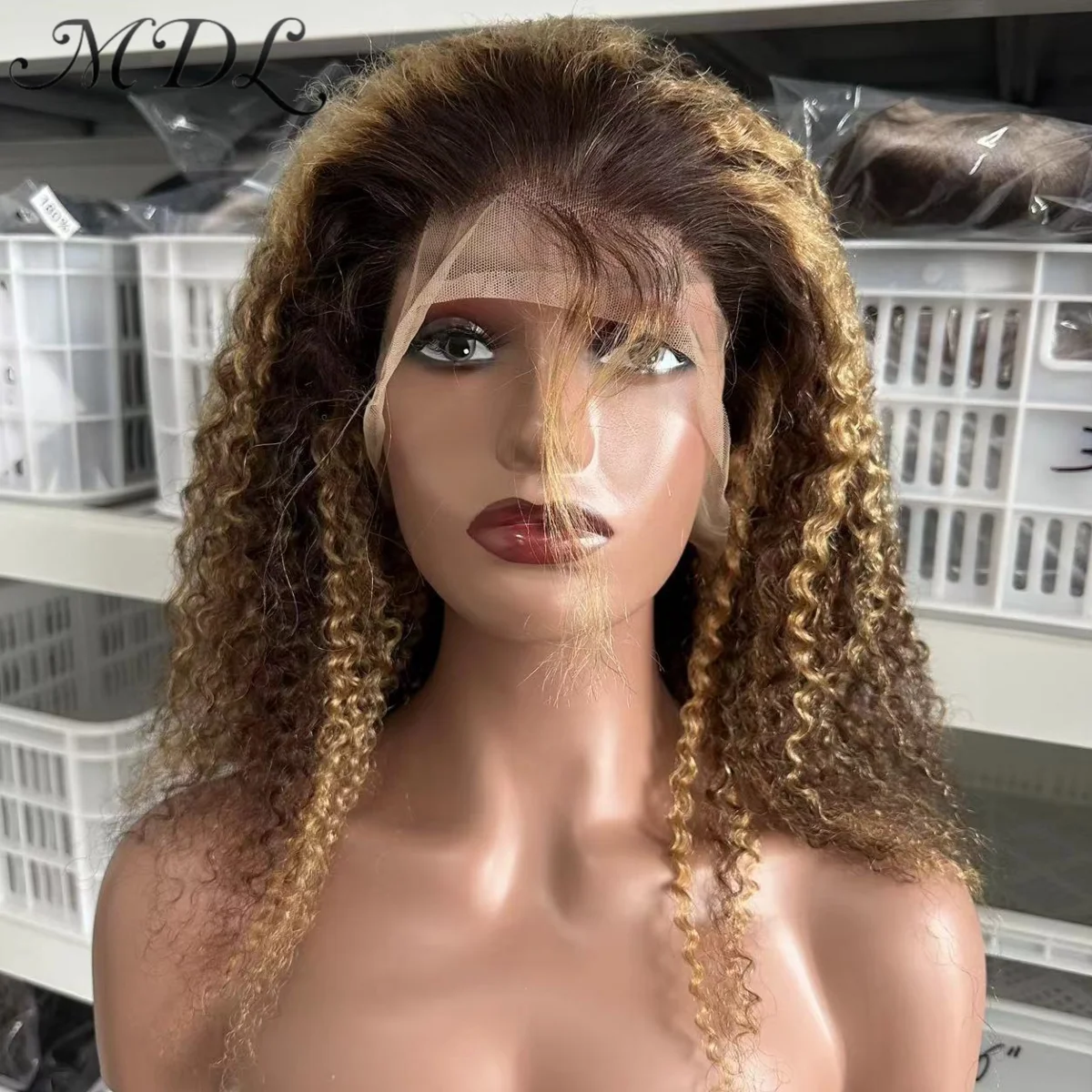 MDL 100% Remy Human Hair 13x4 HD Lace Front Frontal Wig for Women Kinky Curly Curl Highlight P427 Dark Light Brown Glueless