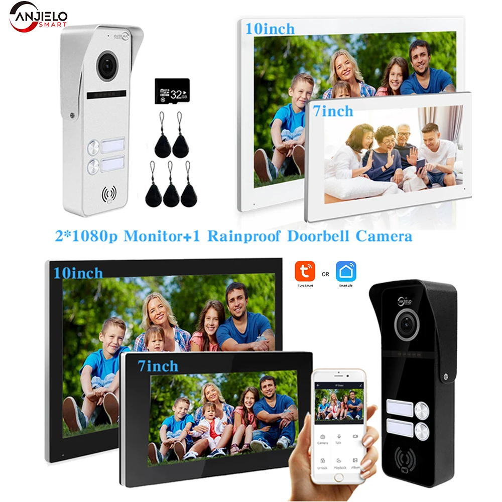 Tuya-Smart Video Door Phone, 7, 10 Polegada, Intercomunicador de vídeo WiFi, Monitor 2x1080p, 1 Câmera de campainha impermeável, Home Video Intercomunicador