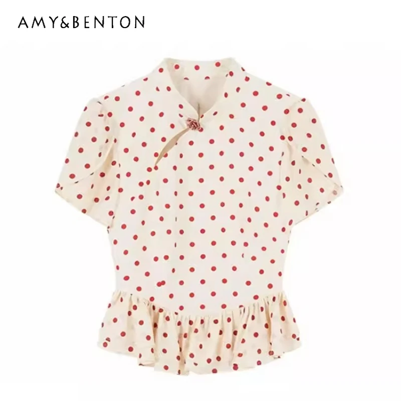 

Korean Design Red Polka Dot Puff Sleeve Women's Shirts 2026 Summer New French Sweet Hollow Out Slim Age-reducing Shirt Ladies