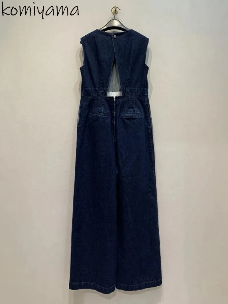 Loose Casual Denim Wide Leg Pants Open Back Rompers Spring Summer Clothing Japan Lazy Style Jumpsuits High Waist Onsie Women