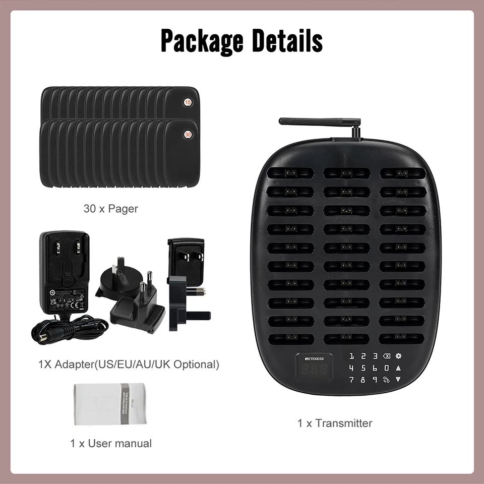 RETEKESS TD175P Drahtloses Restaurant-Rufsystem 30-Kanal Einstellbarer Tastaturmodus Food Truck Café Bar Pager mit Vibrator – Detail 21