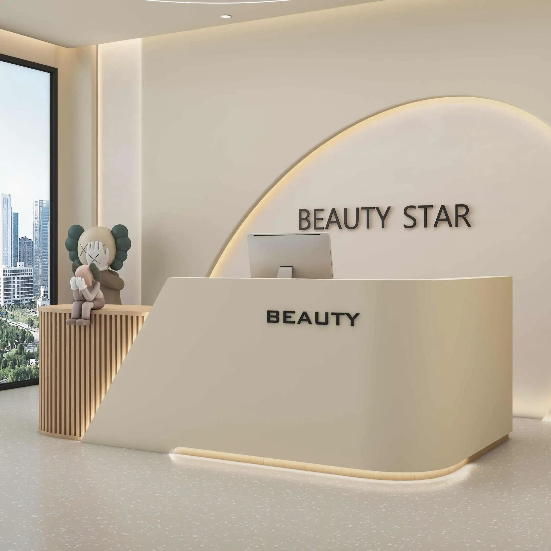 Log Colored Wood Modern L-Shaped Corner Reception Desk for Beauty Salon Clothing Store Training Institution Company Desk