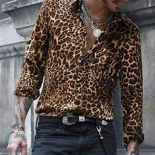 

Men's Long Sleeved Shirt With Leopard Print Lapel Slim Fitting Daily Clothing Men's Magazine Shooting And Dressing MB12