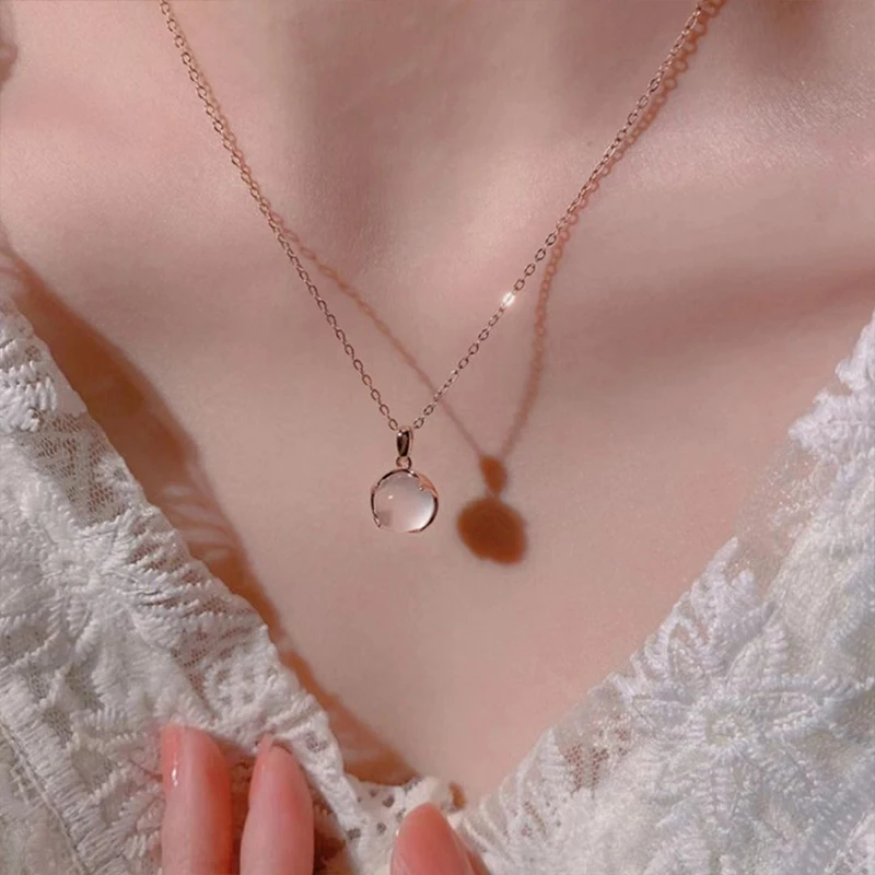 925 Sterling Silver Round Pendant Necklace with Pink Crystal Elegant Choker Wedding Jewelry Luxury Gift for Women Birthday