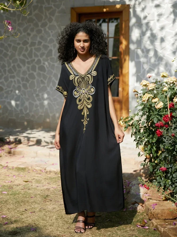 2024 Black Embroidered Women Loose Kaftan Robe Outfit Beach Wear Holiday Dress Cover Up Lounge Wear House Dresses Q1655