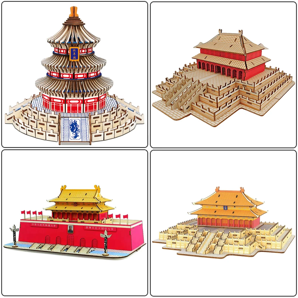 3D Wooden Puzzle Chinese Architecture Temple Of Heaven DIY Wood Jigsaw Building Model Toys For Children Kids Party Game Gift