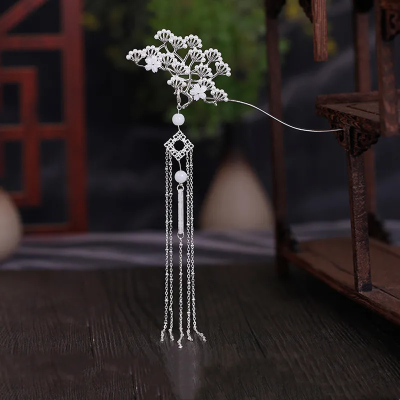 FORSEVEN Classical Flower Simulated Pearls Tassel Hair Clasp Decor Chinese Traditional Style Hair Stick Hair Pin Hanfu Headwear