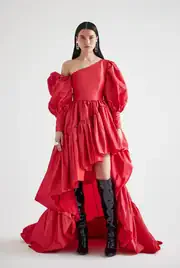 Newest Red Taffeta Asymmetrical Formal Dresses Puff Sleeves Draped Long Women Dresses To Party With Bright Line Details