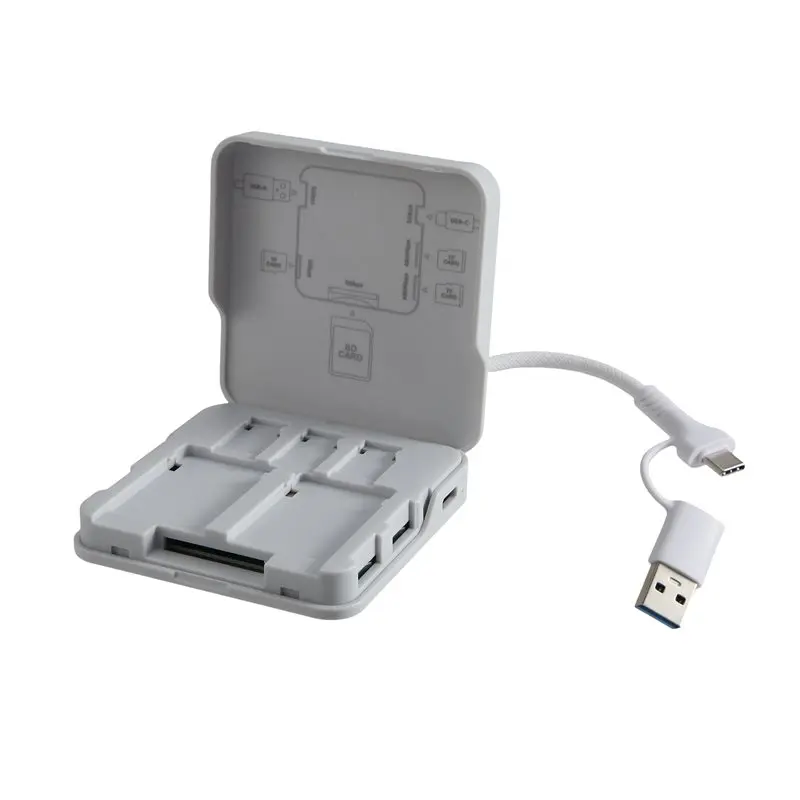 効率的なメモリーカードケース。5つのスロットを備え、usb-type-c30に対応。sd-tfカードの高速データ転送をサポート。sd-tfカード用の携帯型収納ボックス。