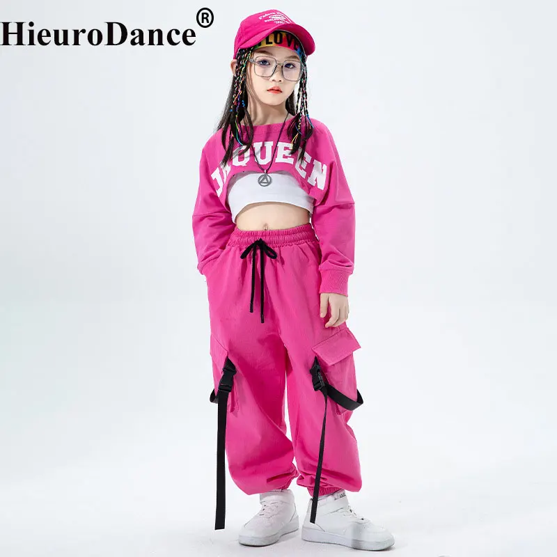Criança hip hop traje kpop outfits para meninas moletom colheita superior camisa de manga longa tanque calças carga crianças roupas de dança rua