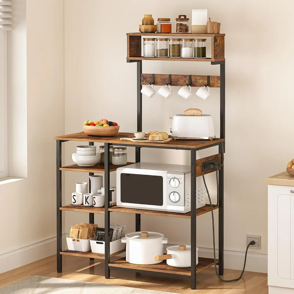 

Bakers Rack with Power Outlet, 35.4 Inches Microwave Stand with 4 Hooks, 6 Tiers Kitchen Storage Shelf Rack, Coffee Bar Table,