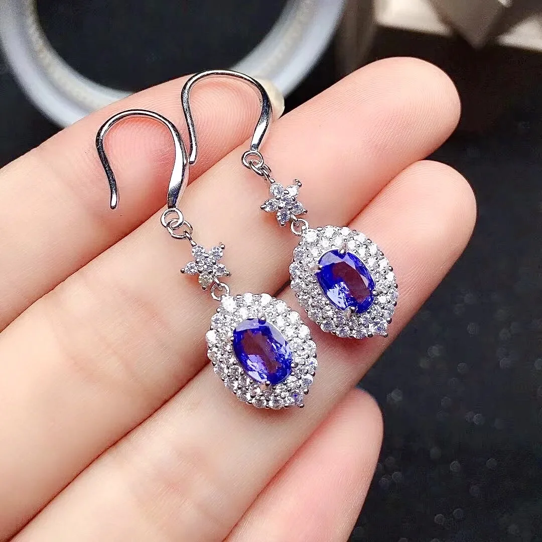 

luxury tanzanite drop earrings for wedding 5mm*7mm natural VVS grade tanzanite hook earrings solid 925 silver tanzanite jewelry