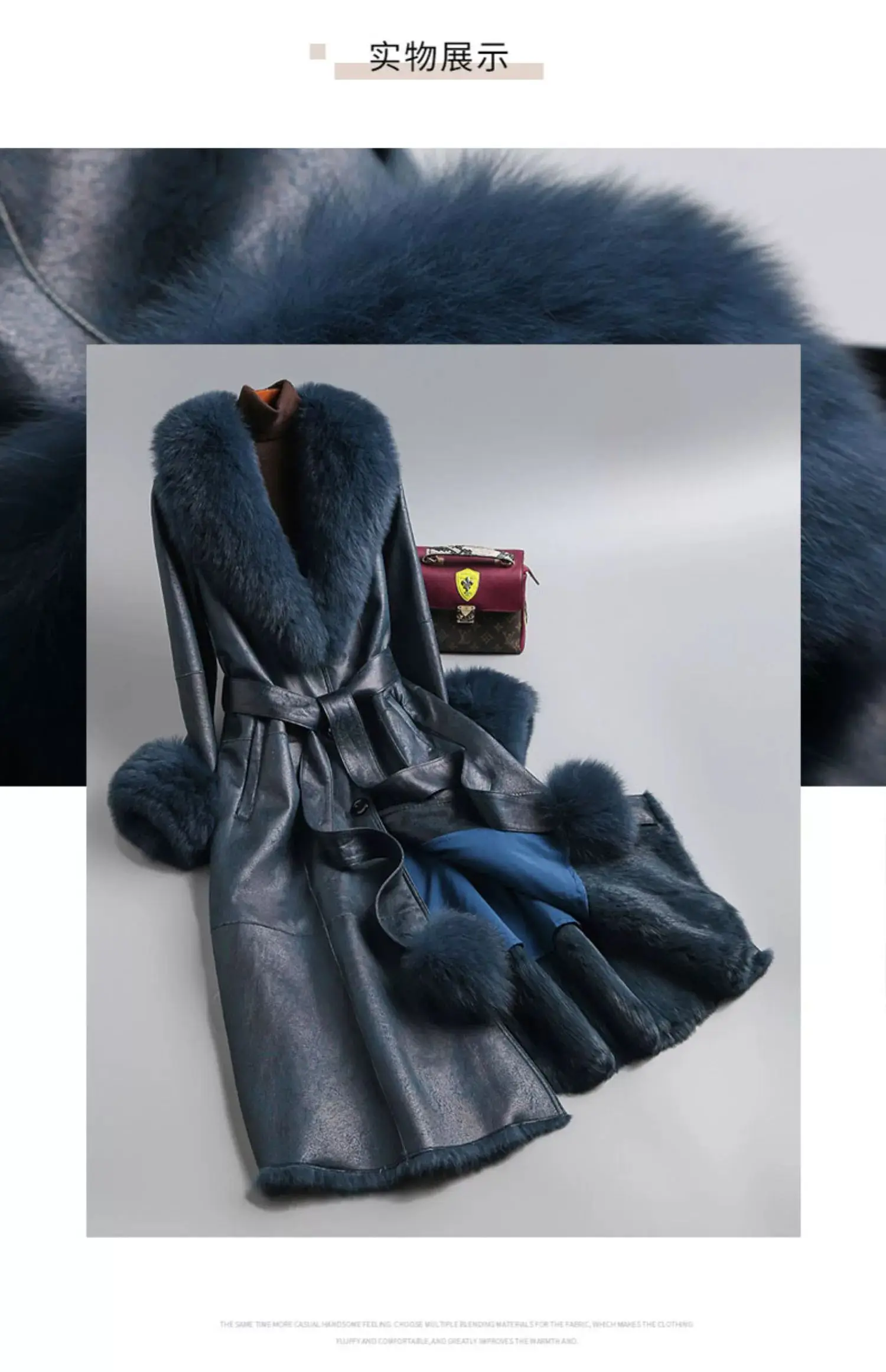 2023 New Rabbit Fur One Piece Coat for Women Mid length Fox Fur Collar Lace up Slim Fit Haining Fur Coat for Women