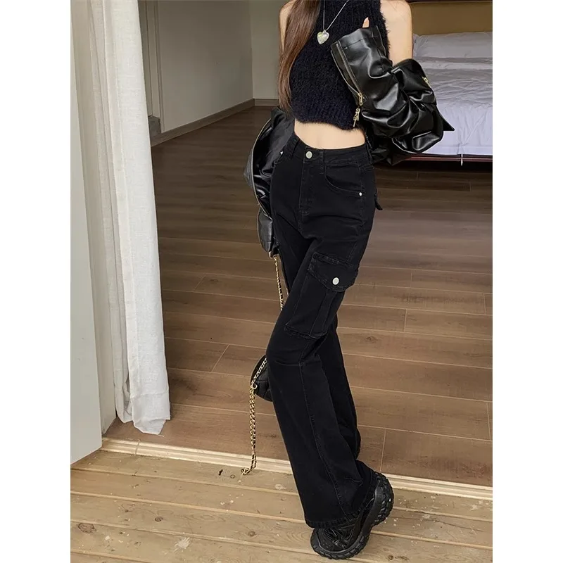 Black high waisted work pants women's four seasons fashionable high street design versatile and slimming straight leg denim